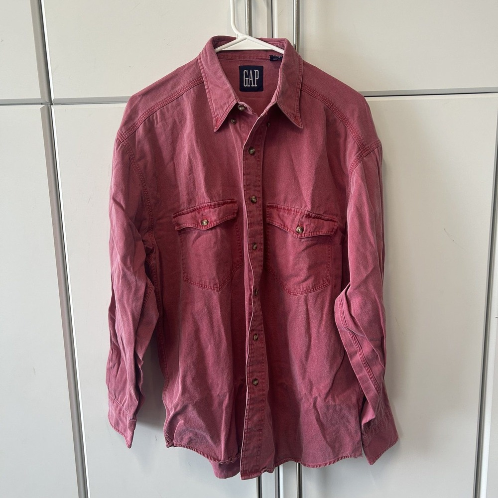 Vintage GAP Mens Medium Red Cotton Button Down Long Sleeve Shirt 90s Heavyweight